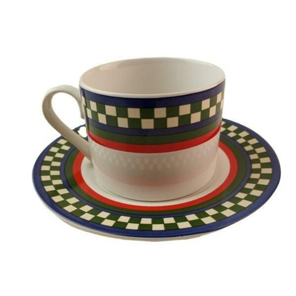 Ella's Rooster Bob Timberlake 2.5" Flat Cup & Saucer Set of 4 Checkered Rim - Picture 2 of 11
